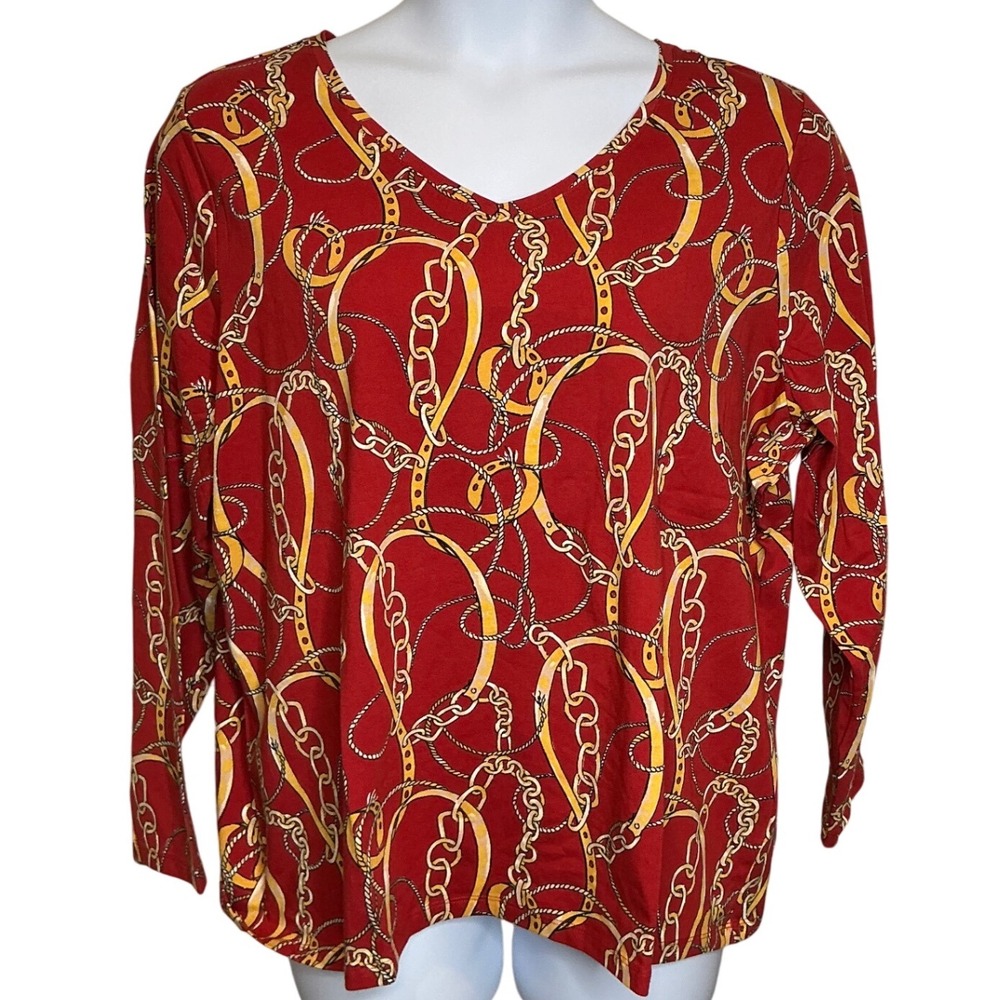 Talbots Red Equestrian Chain Print Top Sz 3X Petite Old Money Gentry Stretchy